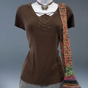 RQT Ribbed Knit Embellished Top Brown Short Sleeve Beaded Boho Y2K Size M